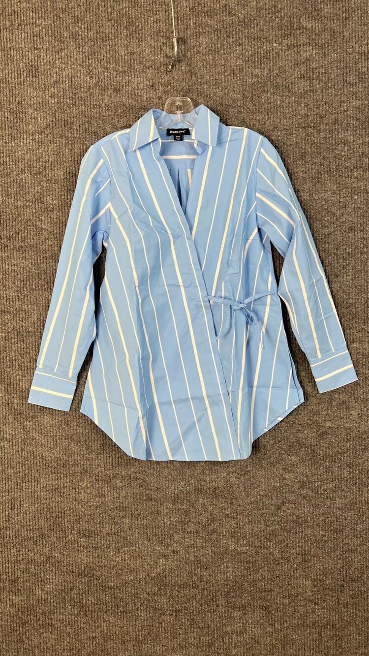 Studio Park Wrap Shirt Womens XXS Blue Striped Collared Office Preppy Cotton